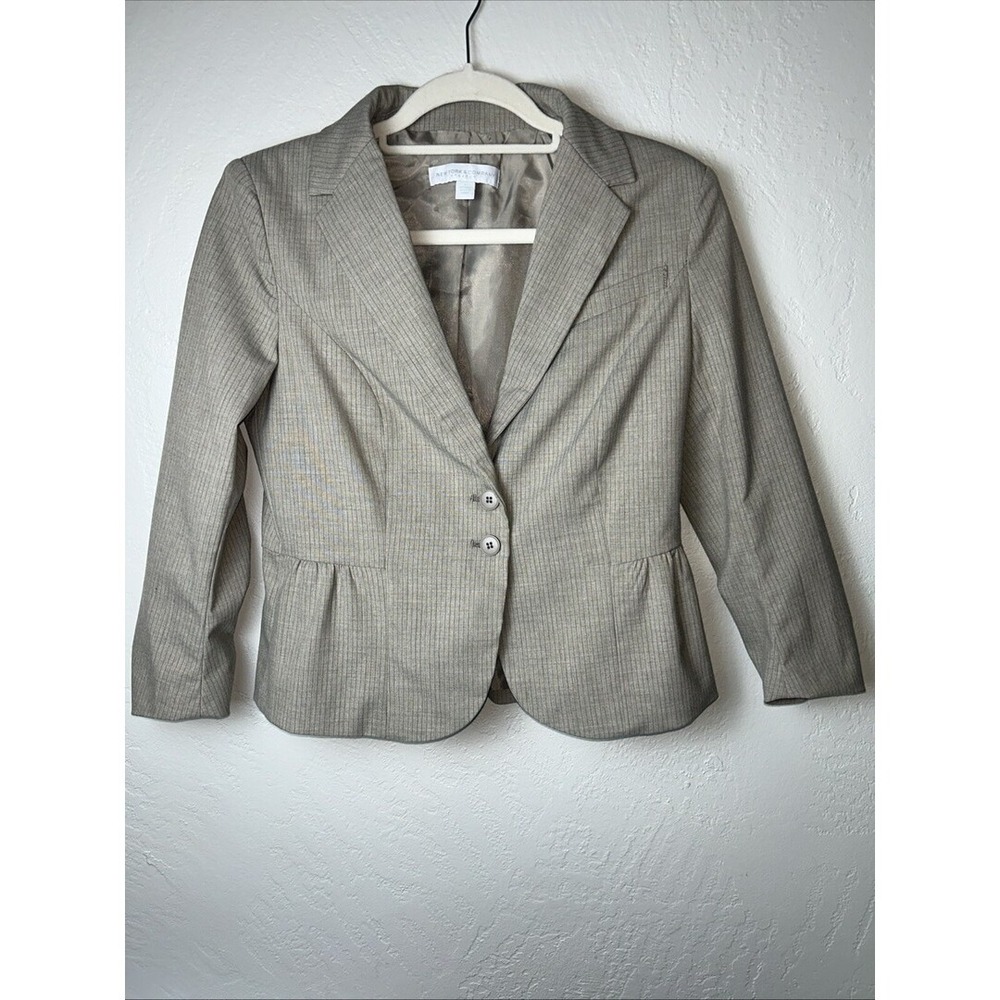 New York & Co Womens Beige Striped Stretch Lined Blazer Jacket Size 6 Peplum